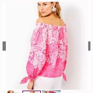 Lilly Pulitzer Jamielynn Roxie Pink Floral Off-Shoulder Blouse with tie sleeves